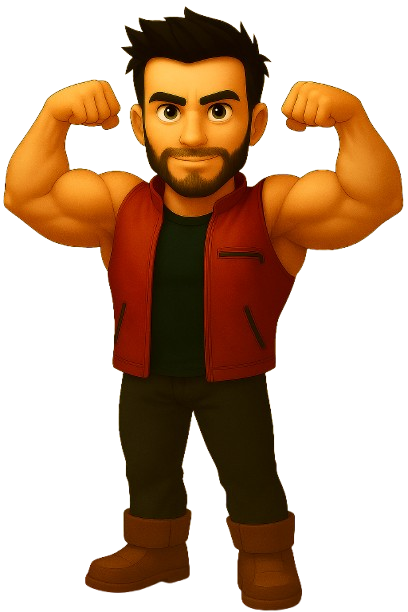 Rob Phillimore cartoon avatar flexing biceps