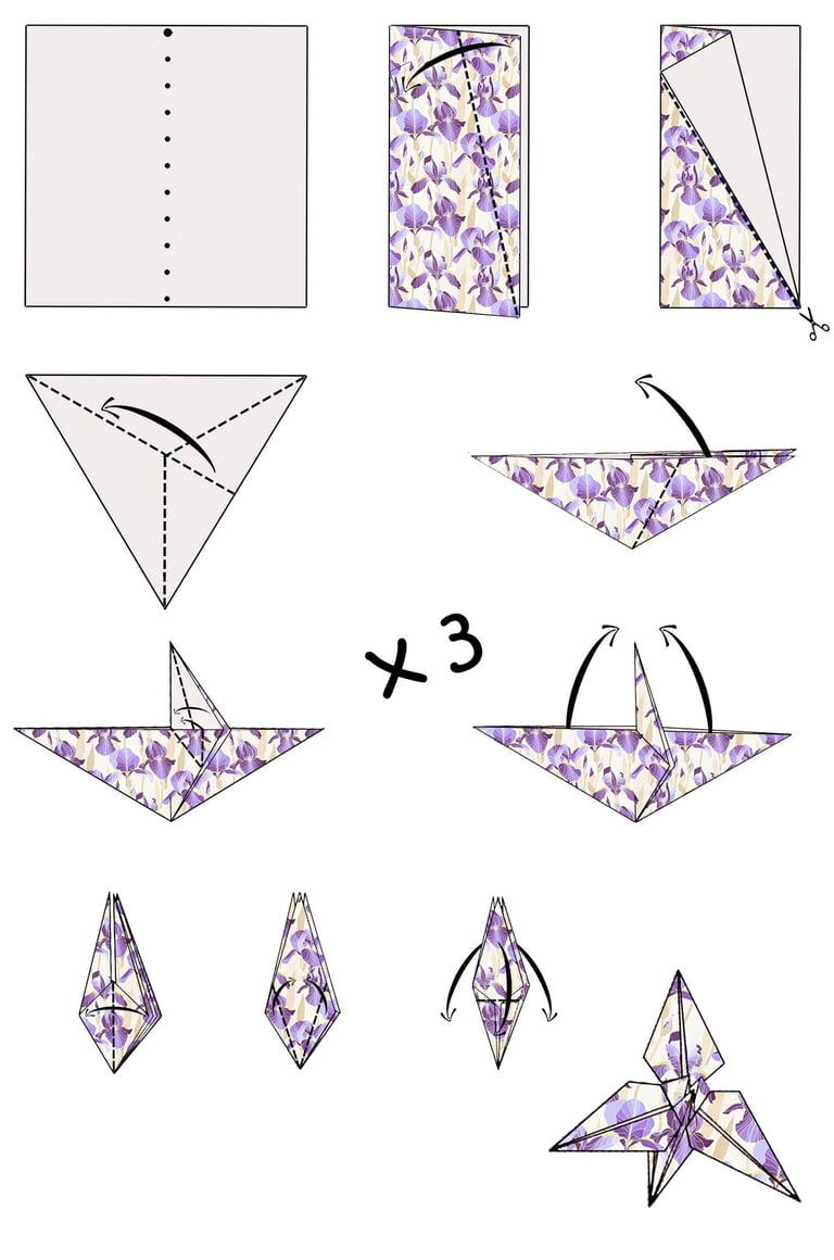 Istruzioni per creare un fiore Iris di origami con la carta
