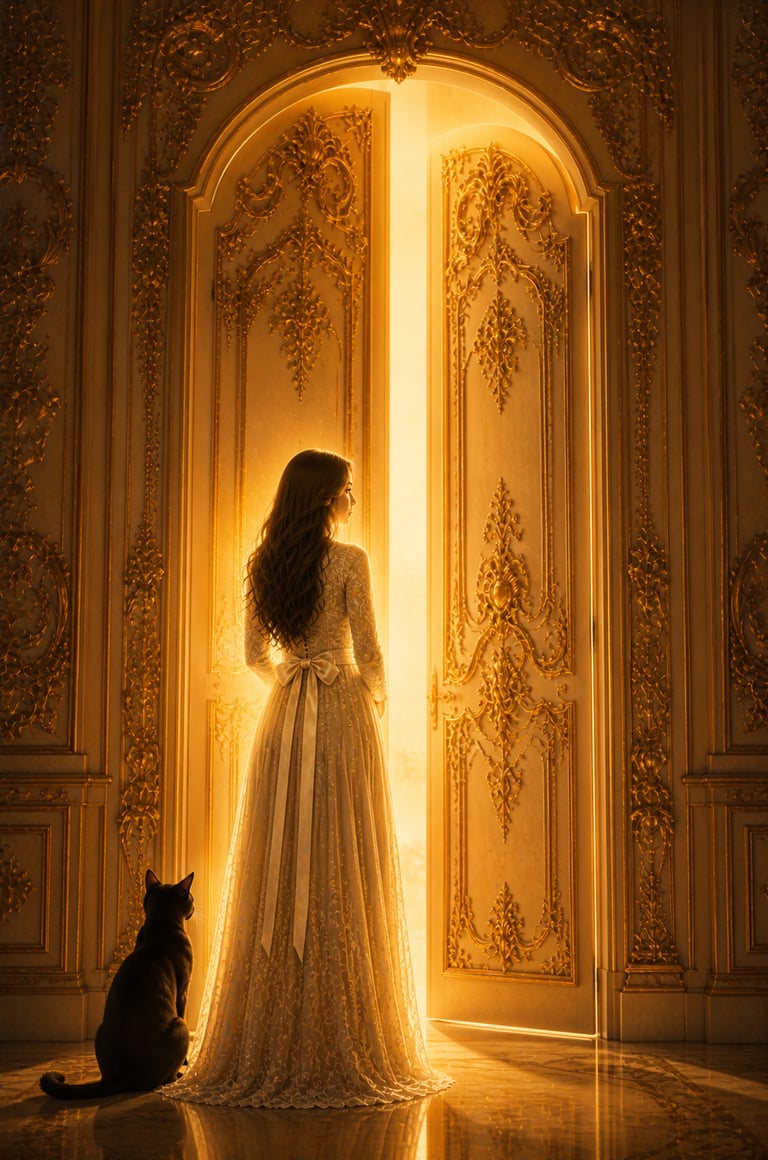 brunette woman standing in front of a double door with glowing light coming from her and from the door with a black cat 
