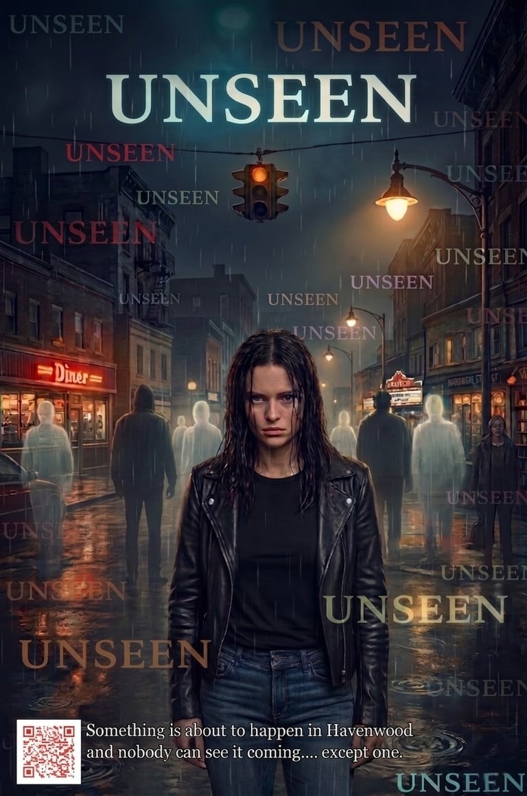 Movie poster for Unseen featuring a woman in a leather jacket on a rainy city street with ghostly figures.