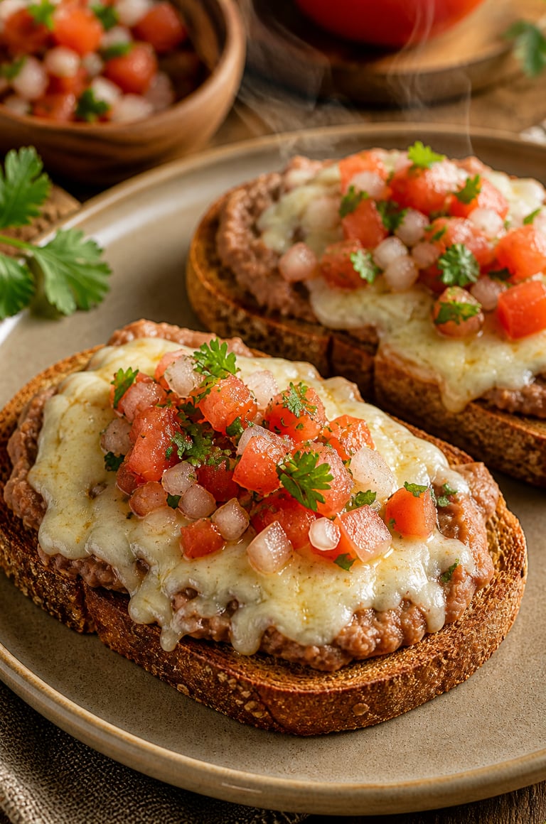 Tostadas integrales con frijoles, queso fundido y pico de gallo, desayuno saludable y casero