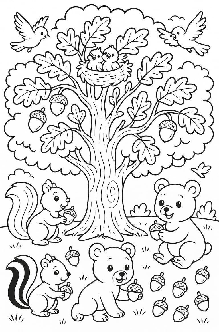 woodland animals and oak tree