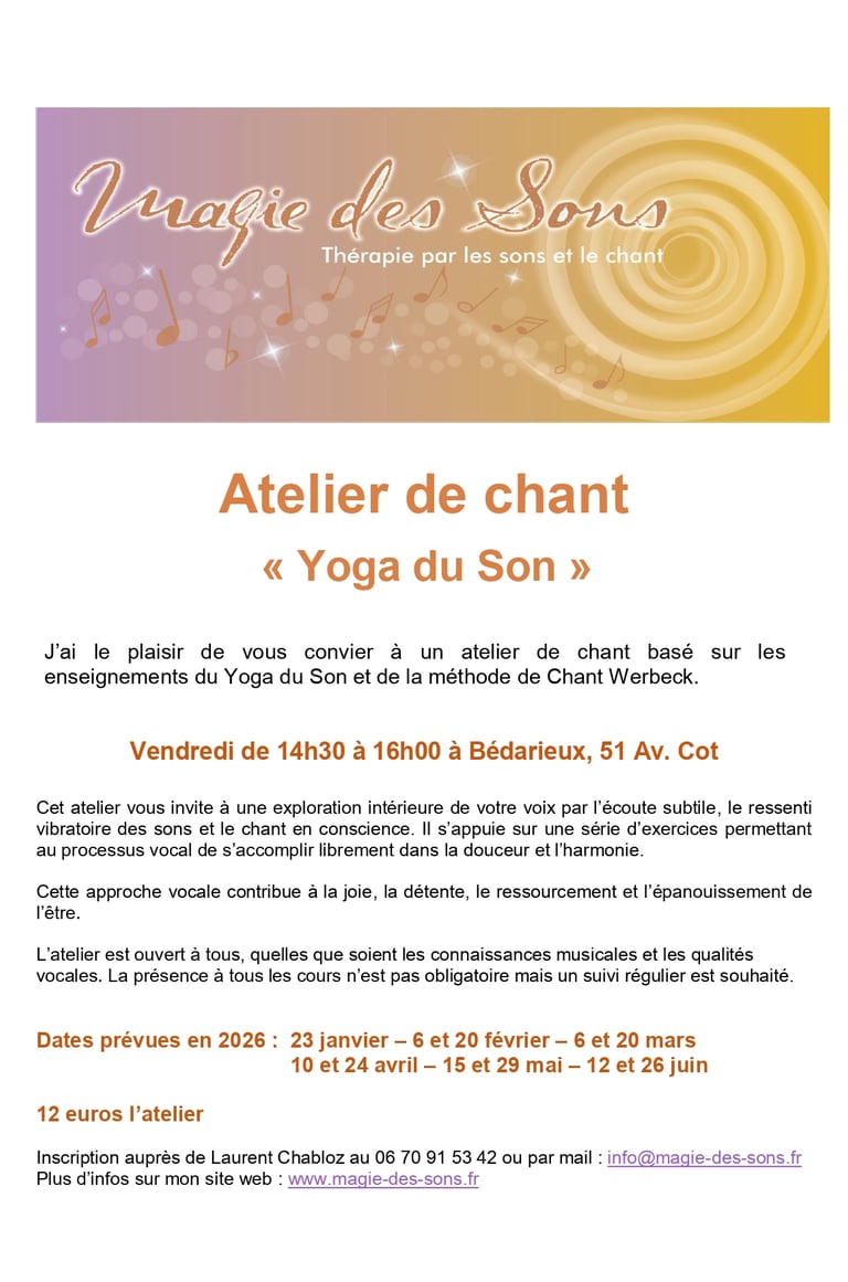 Affiche de l'atelier de chant Yoga du Son à Bédarieux 