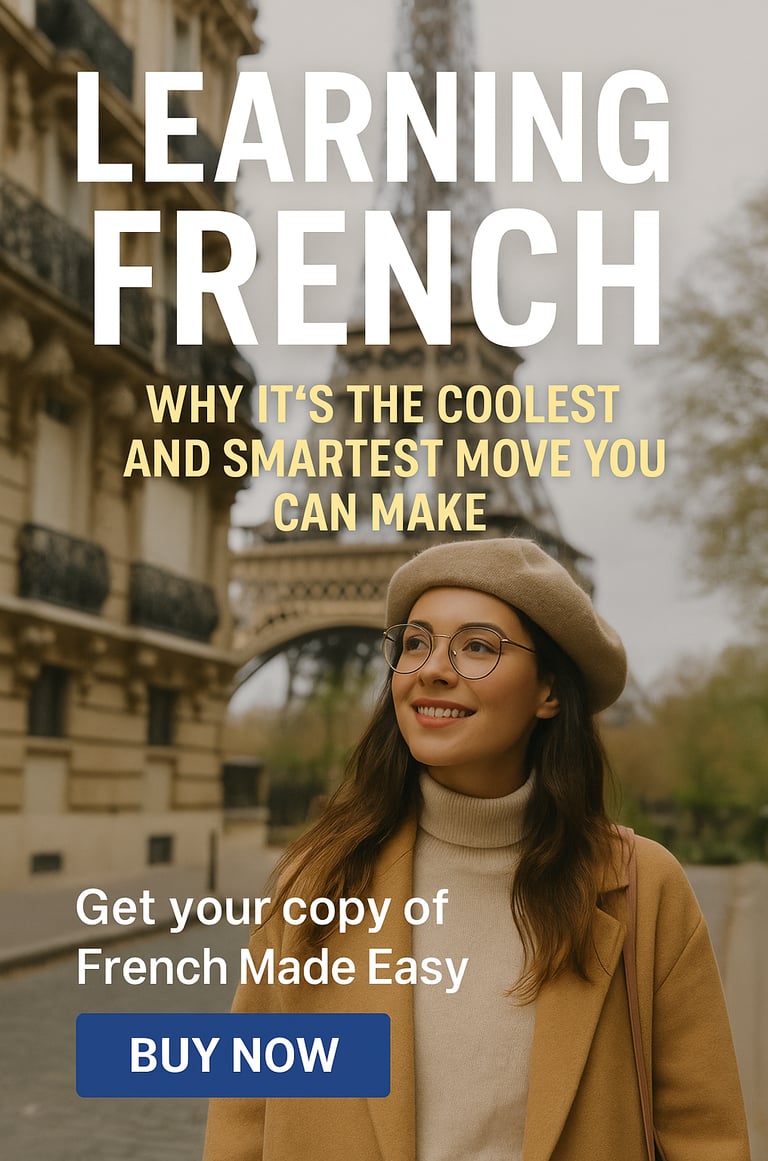 "Smiling woman in Paris with Eiffel Tower in background promoting 'French Made Easy' – Learning Fren