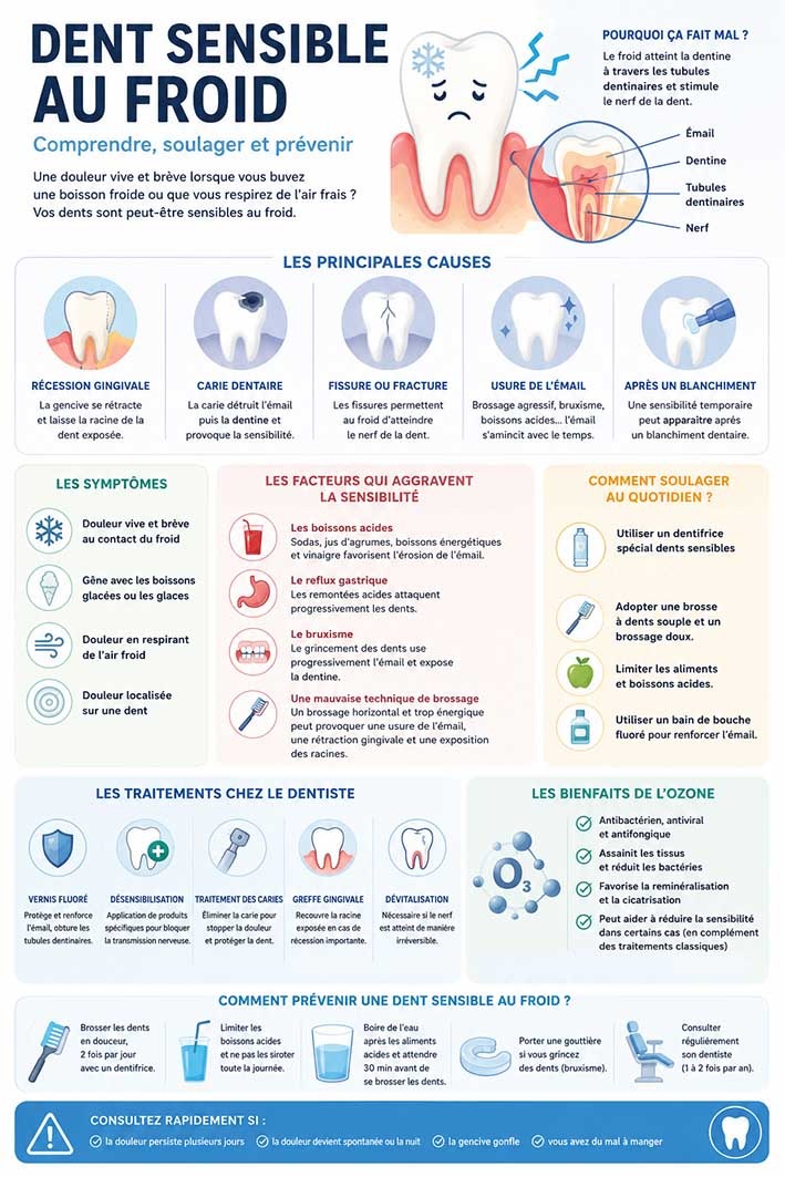 Infographie dent sensible au froid, causes, symptômes et solutions