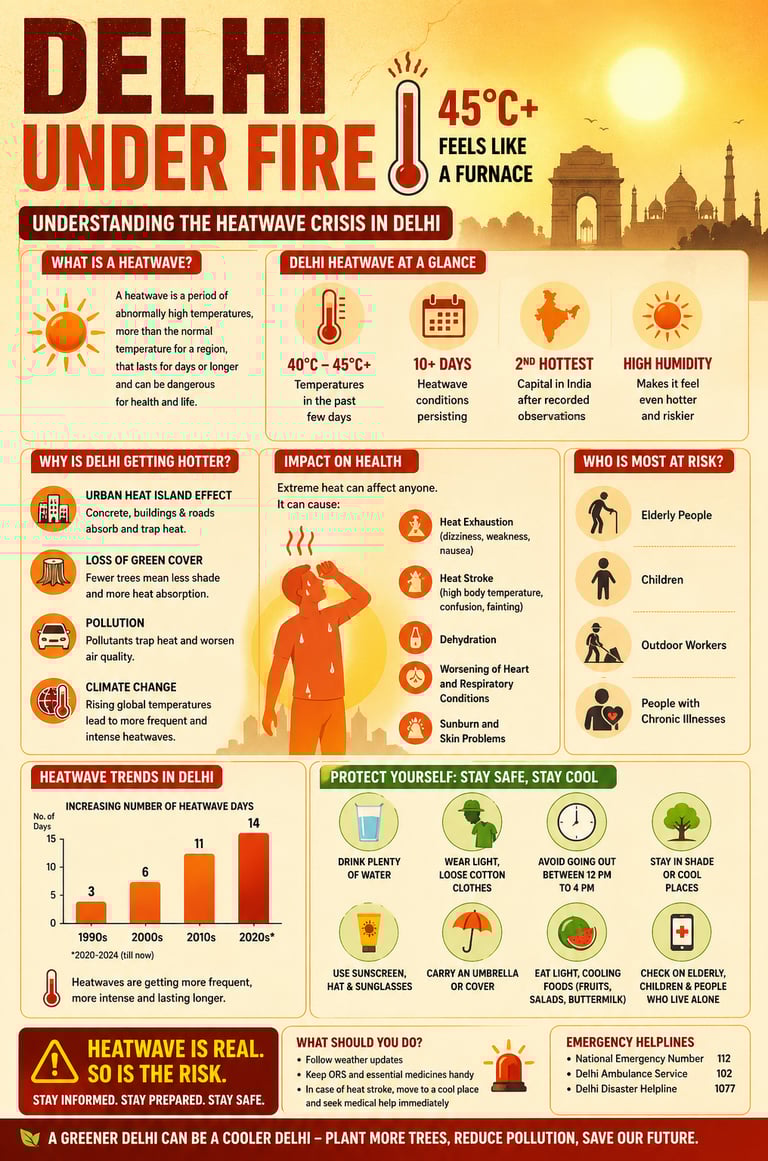 An educational infographic about the Delhi heatwave crisis, explaining health risks, prevention tips, and rising temperature