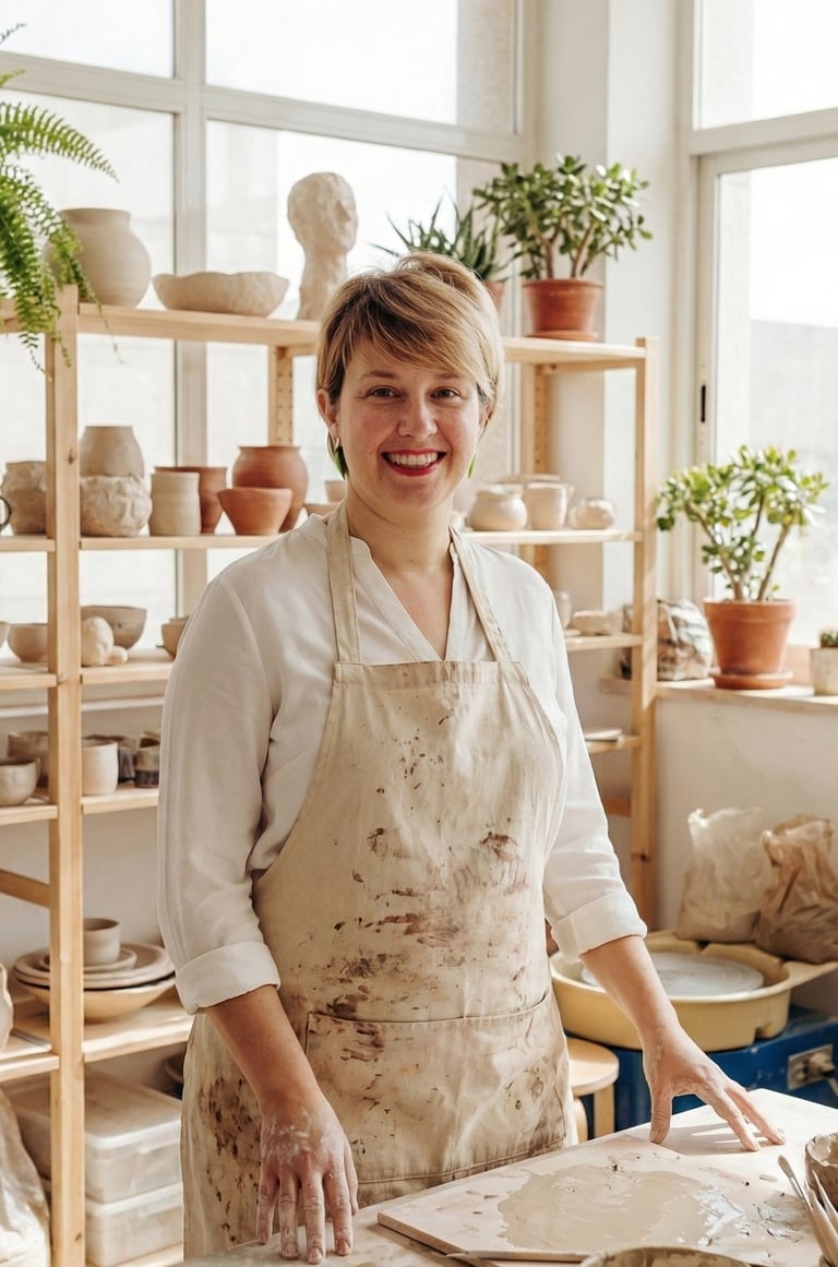 Fundadora do estúdio de cerâmica Happy Potter em Évora, a sorrir com avental de trabalho,num atelier
