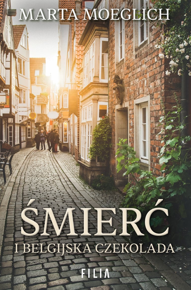 okładka książki, mała uliczka belgijskiego miasta, napis: śmierc i belgisjka czekolada