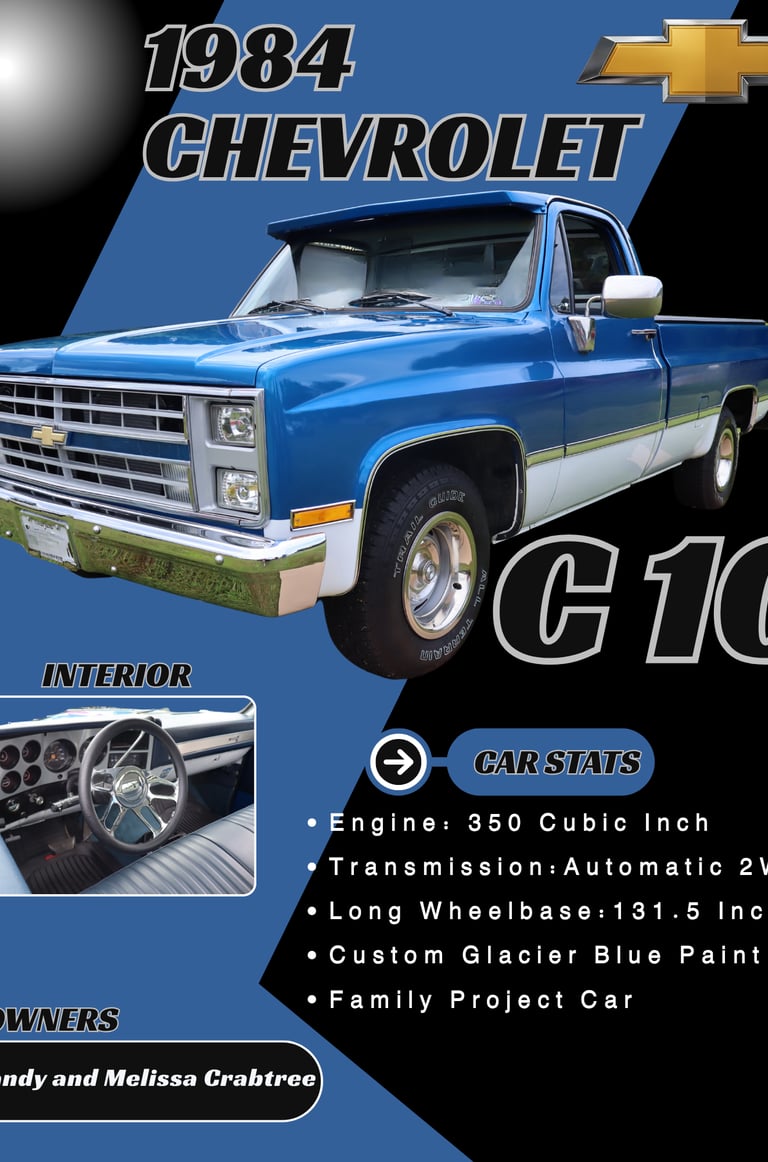 a blue and white chevrolet truck with a chevrolet logo