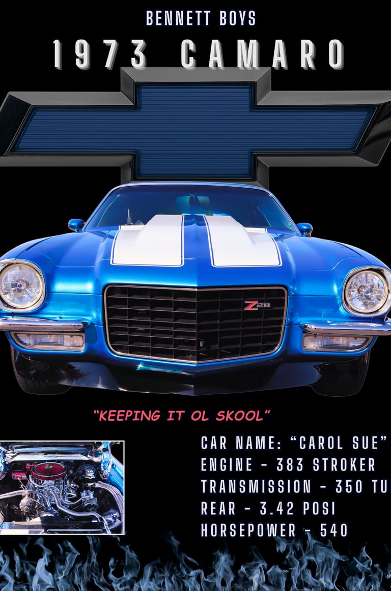 a poster for a car show with a blue and white car