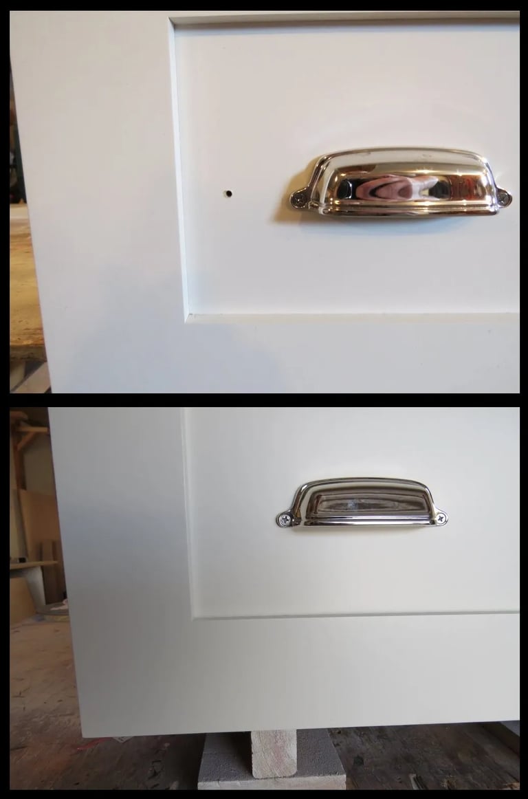 Drawer handle were missdrilled when installed leaving a hole, before and after image