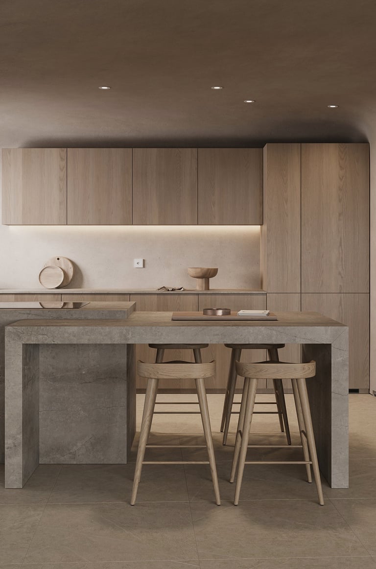a kitchen with a counter top and a bar stool. Wabi- sabi