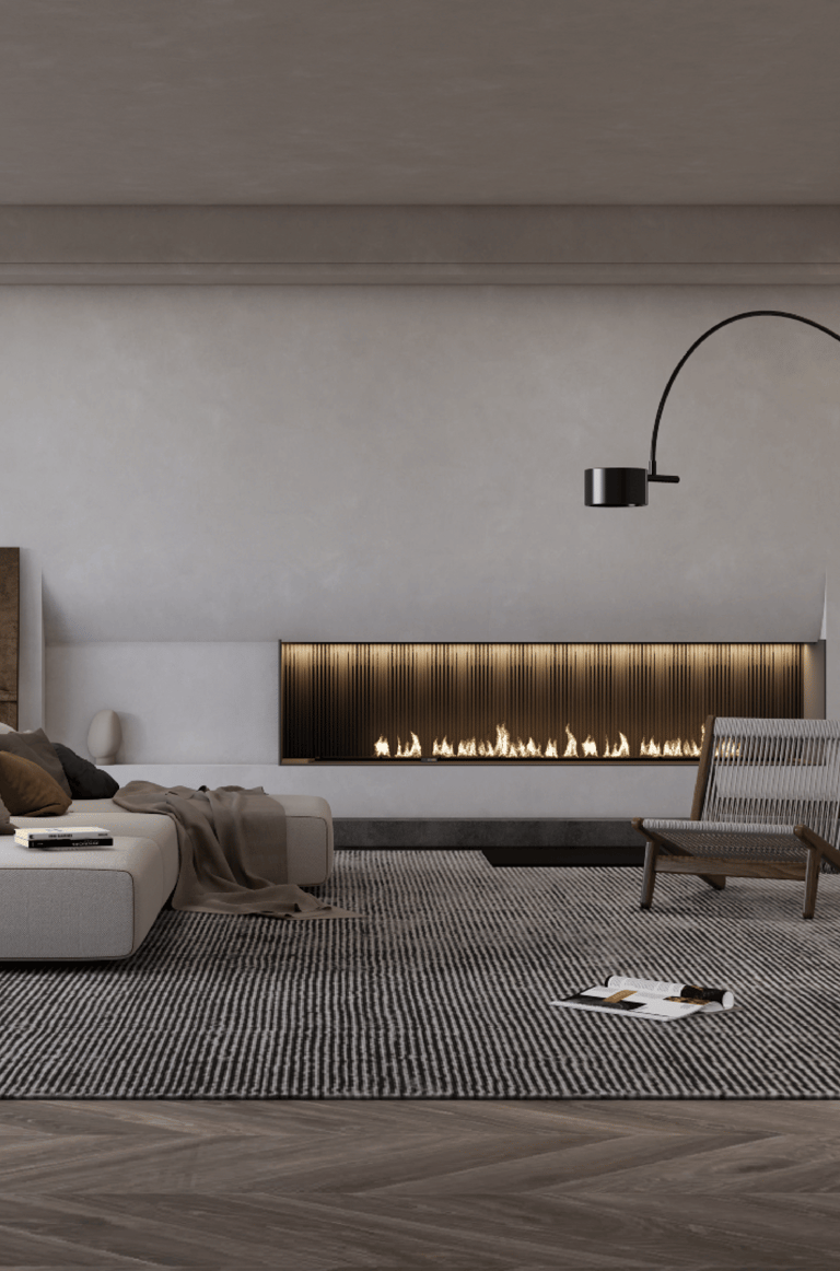 Minimalistic living room with a fireplace and a couch