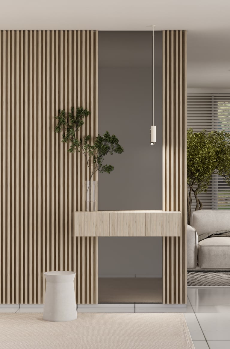 Wooden entrance room with a couch and a plant