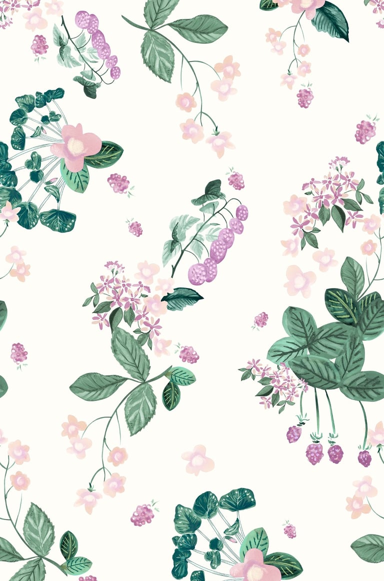 Estampa infantil de flores, folhas e uvas pintada a mão com exclusividade em aquarela e pastel seco