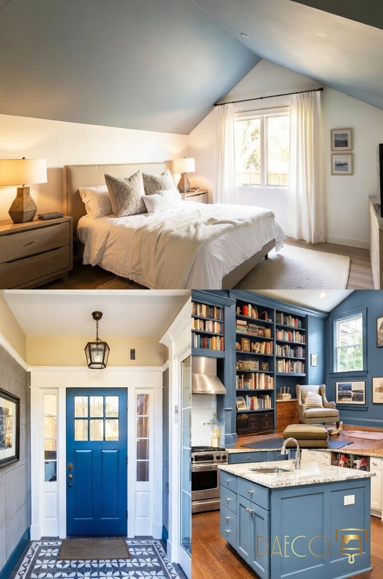 Sophisticated blue paint Denver trends featuring Sherwin-Williams Upward on a bedroom ceiling, Farro