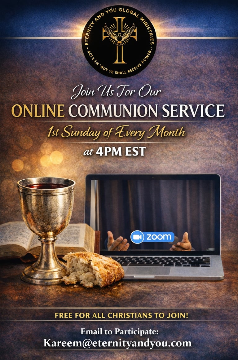 Promotional flyer for an online communion service on Zoom featuring a chalice, bread, and open Bible.