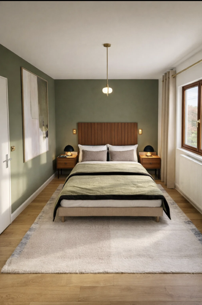 Modern bedroom with sage green walls, a wooden slat headboard, and neutral bedding on a plush rug.