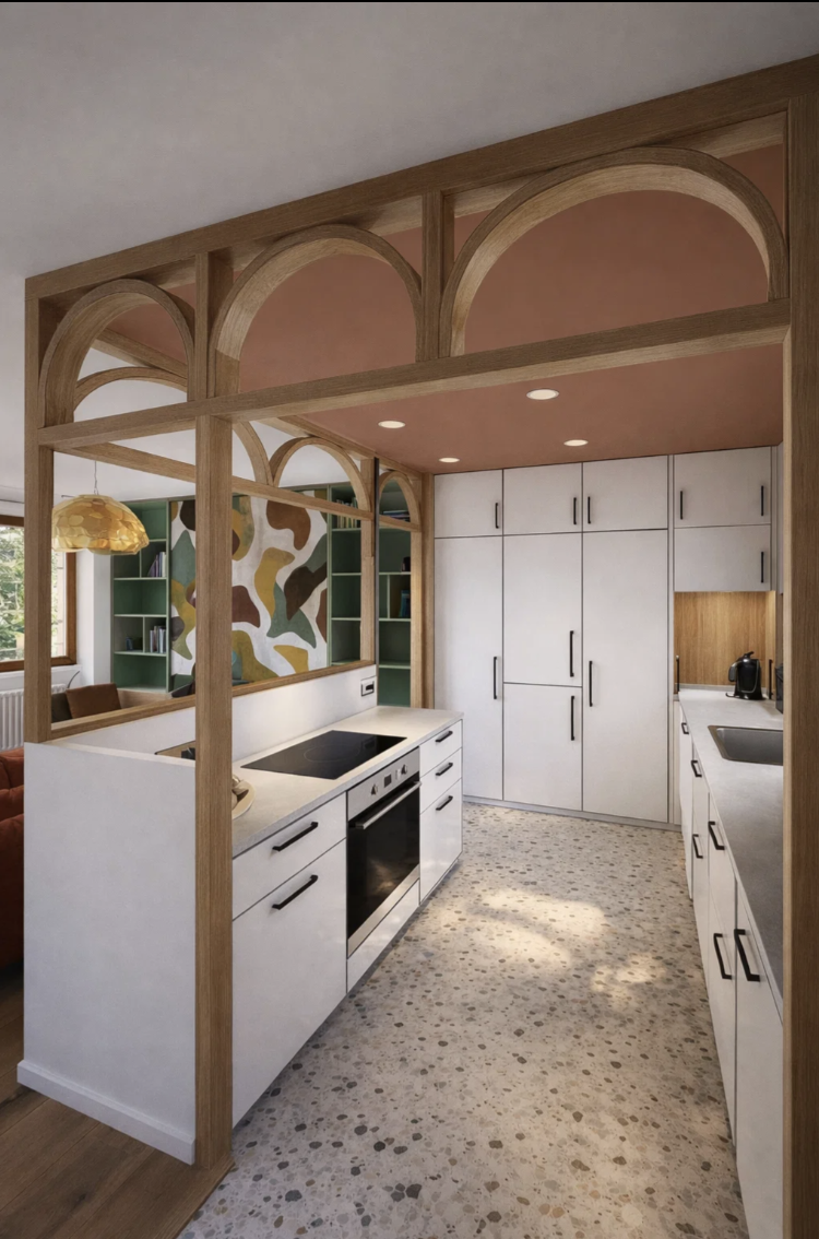 Modern kitchen with white cabinets, terrazzo flooring, and a decorative arched oak wood frame divider.