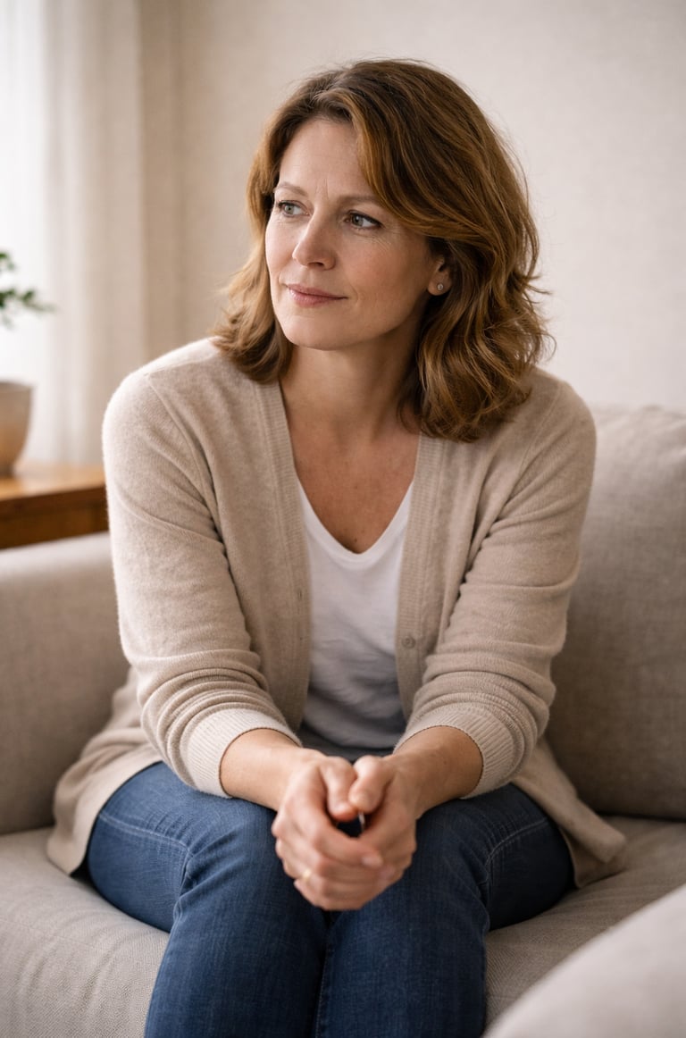 A thoughtful middle-aged woman sitting on a couch in a beige cardigan and blue jeans.