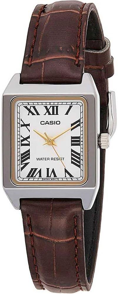 Classic Casio women's square watch with Roman numerals and a brown leather strap.