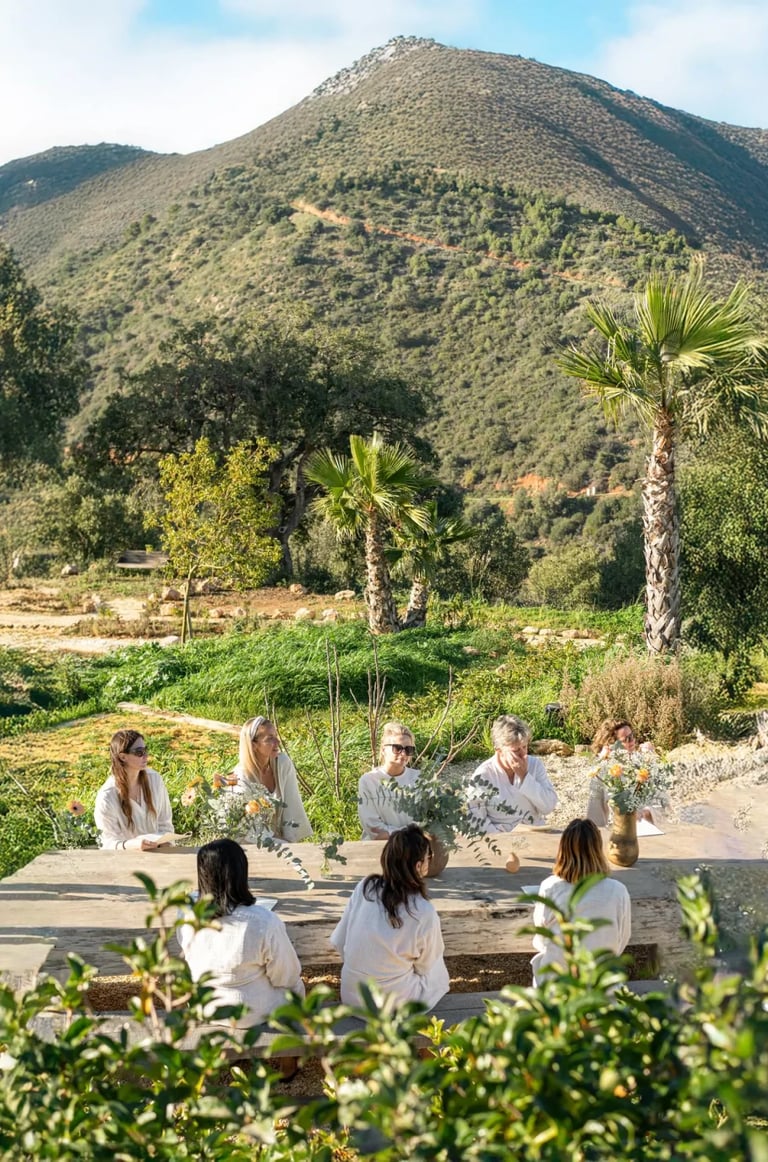 Outdoor group gathering with mountain views and gardens