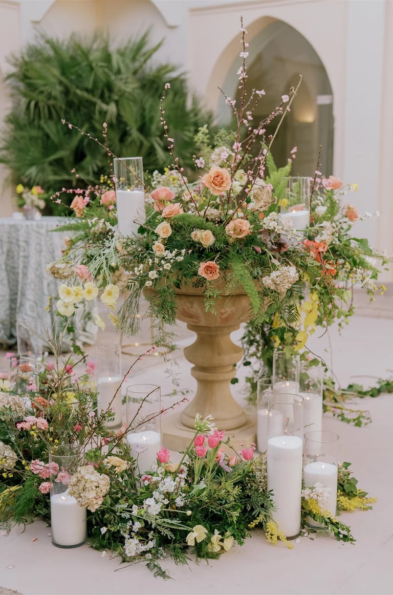 Romantic floral ceremony display with candles and arches