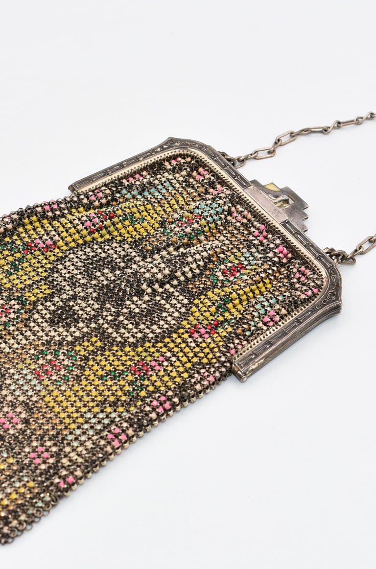 Vintage antique metal mesh purse with colorful floral pattern and chain strap