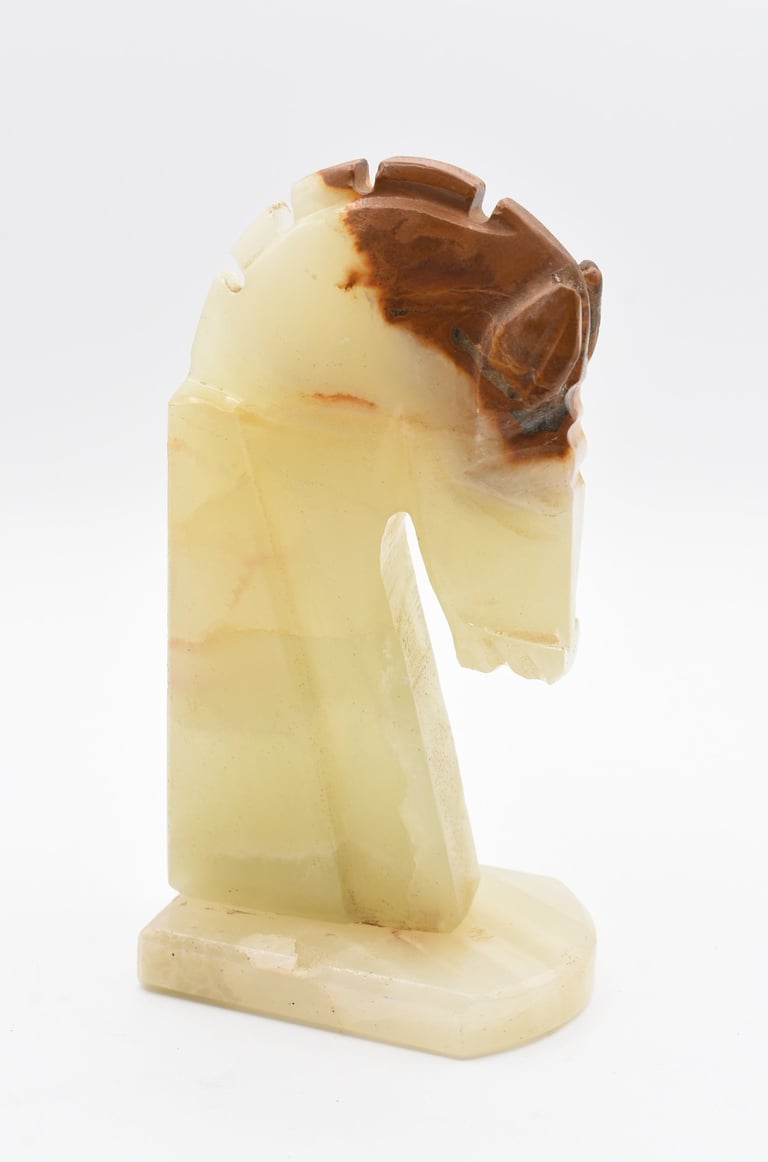 Carved onyx stone horse head sculpture with natural brown marble patterns 