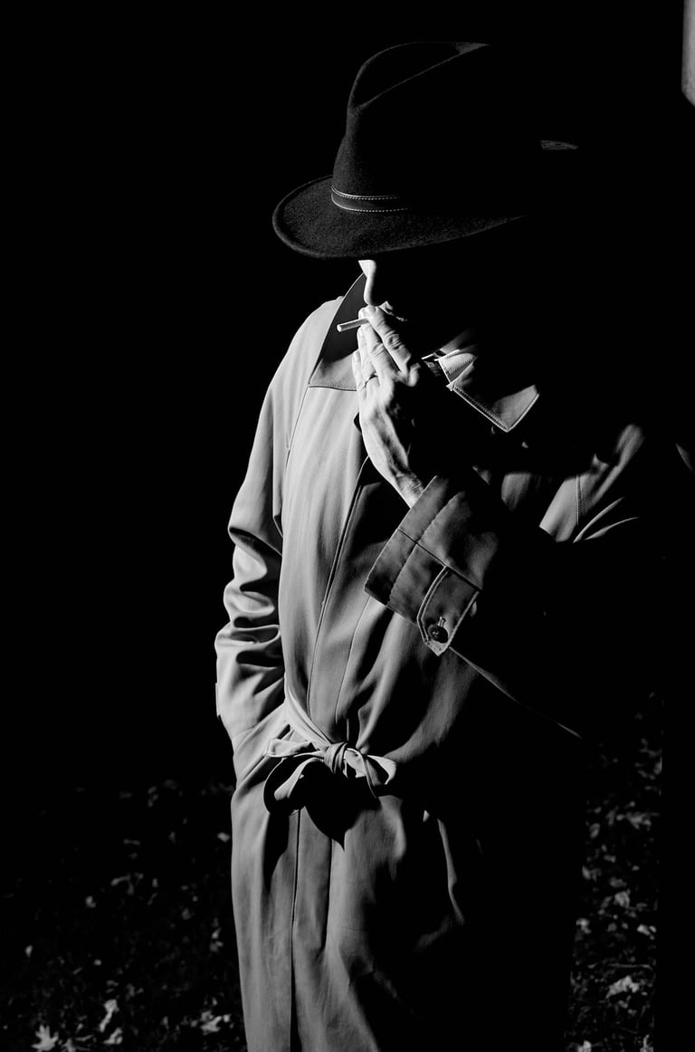 a man in a hat and coat jacket smoking in film noir style