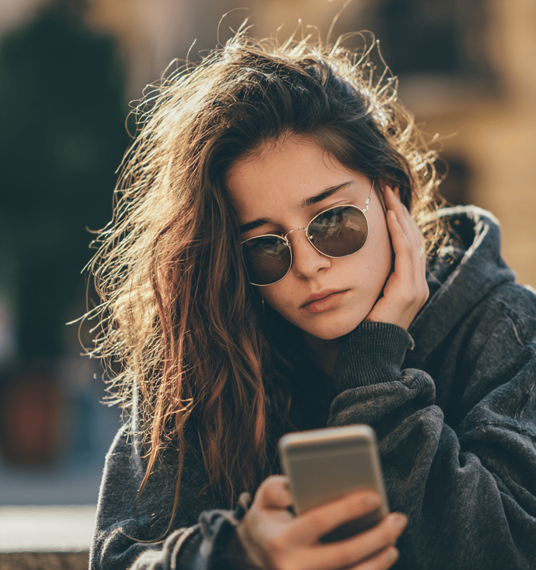 a woman in sunglasses and sunglasses is looking at her phone
