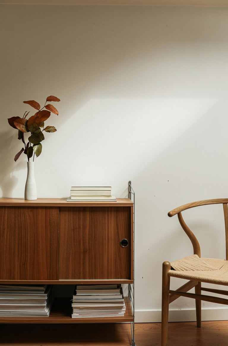 Interieur vintage minimaliste Enfilade avec des livres et une plante, à côté un fauteuil scandinave