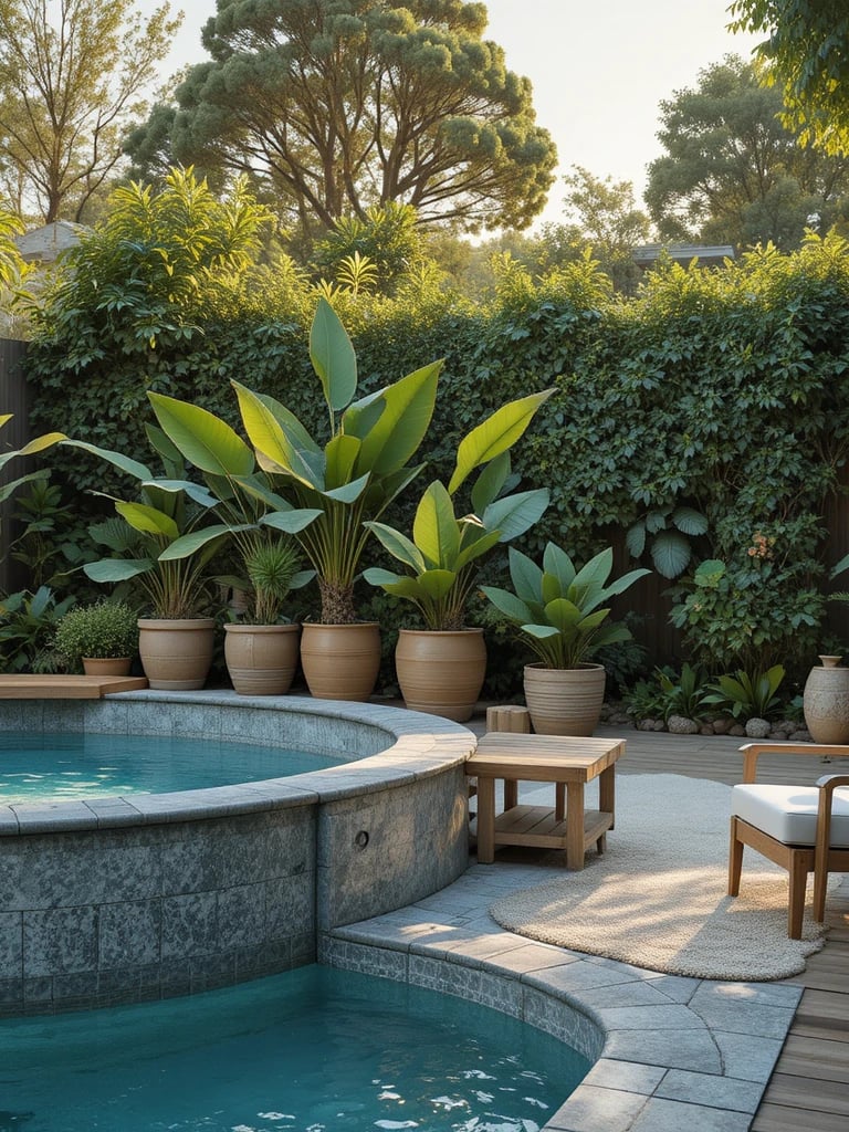 backyard scene showing a styled above ground pool with large tropical container plants grouped at th