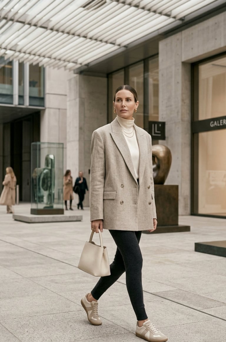 Woman wearing oversized blazer layered over fitted neutral basics in a modern luxury fashion setting