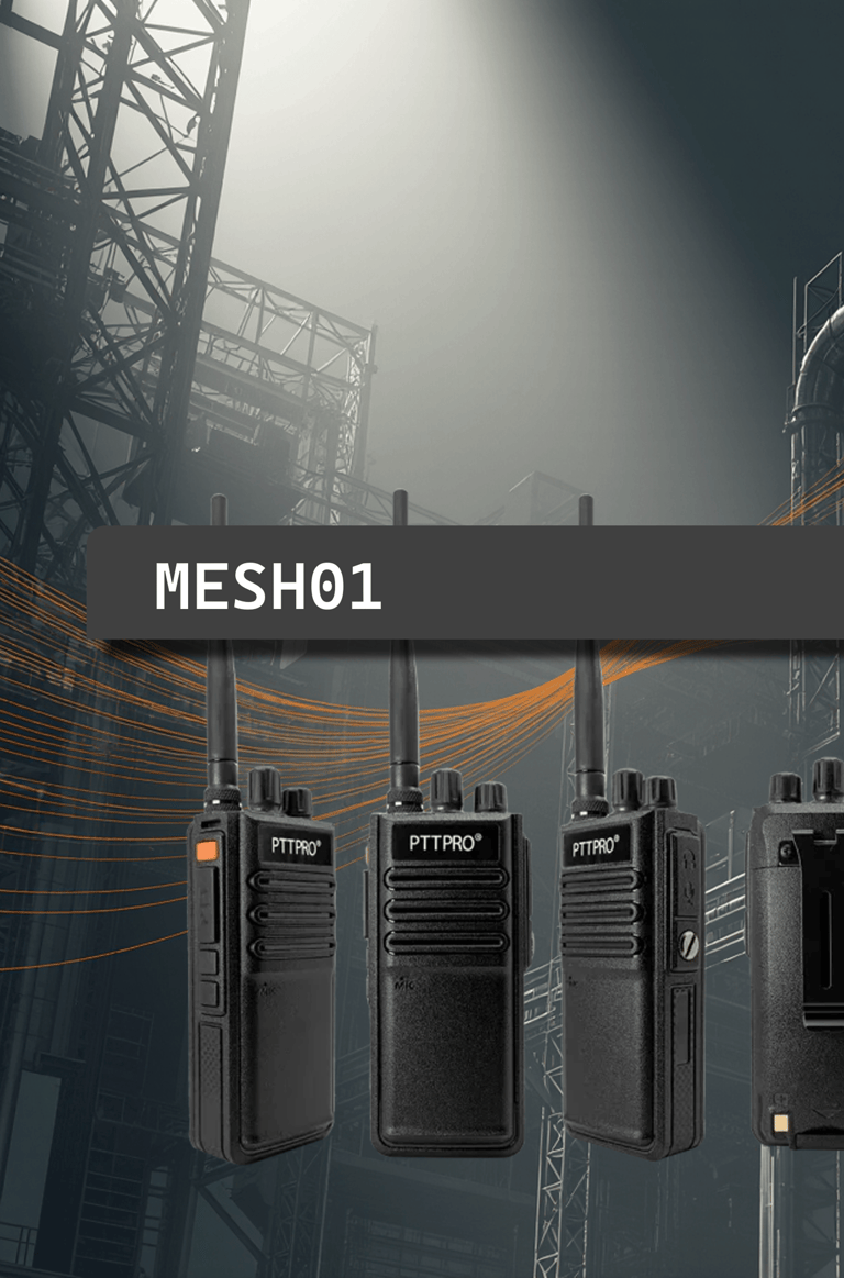 Banner con fondo industrial mostrando tres radios MESH de PTTPRO