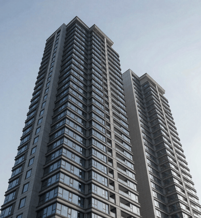 A dramatic low-angle shot of a luxury residential high-rise against a clear sky in a North American / US metropolitan area, clean mist grey and deep midnight navy tones, high-end photography.