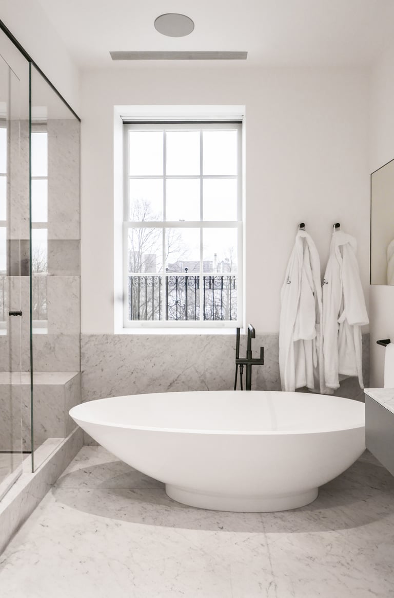 Victoria Albert freestanding tub, Statuario marble floor and surround, Charlers view, Erica Fossati Design, Back Bay Boston