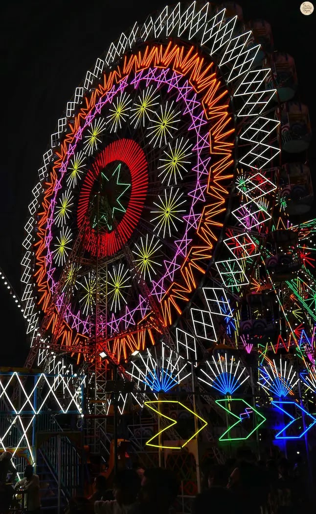 Glowing giant wheels and thrilling rides light up the night sky at Kota Dussehra Mela.