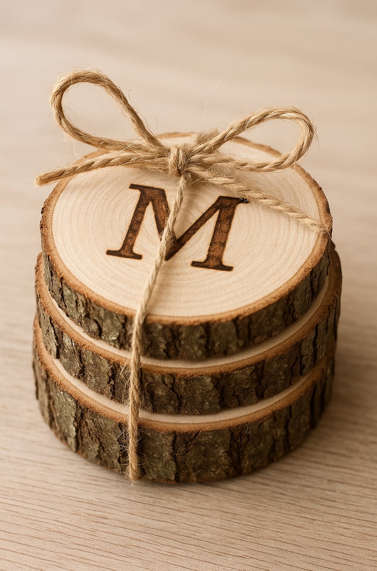 Stack of four round wooden slice coasters with bark edges, tied together with rustic twine
