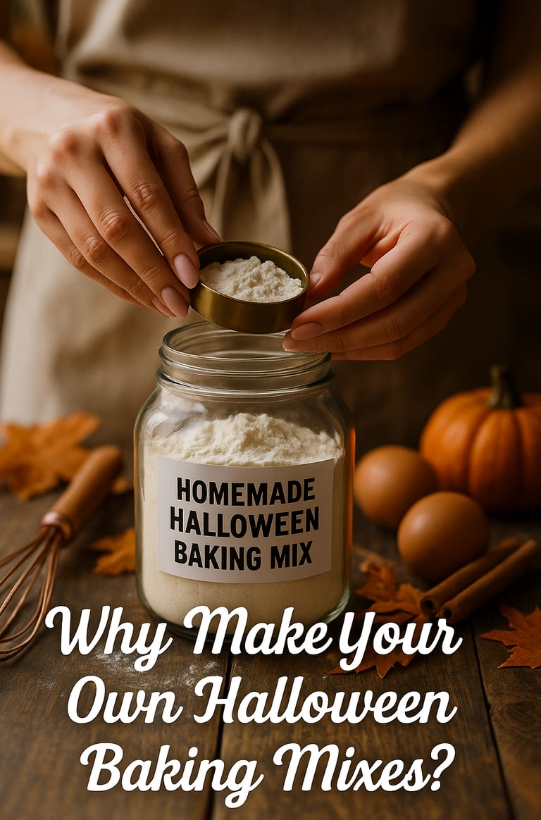 Hands pouring flour into a mason jar labeled “Homemade Halloween Baking Mix” with pumpkins, eggs