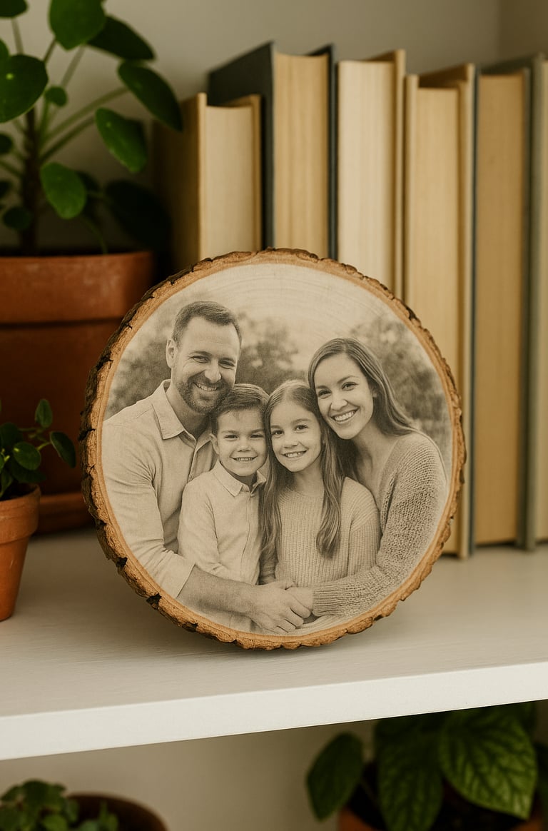 Rustic wood slice featuring a faded black-and-white family photo, leaning on a white shelf 