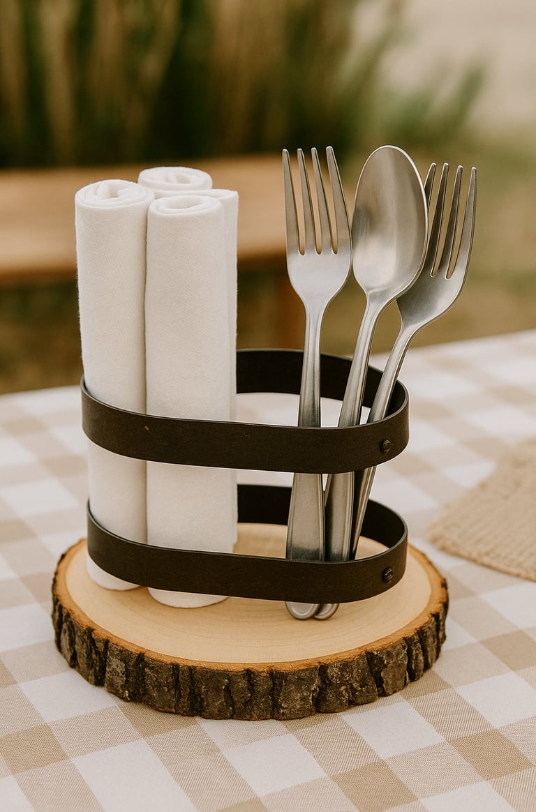 Rustic wood slice base with two dark metal bands holding rolled white napkins and stainless steel 