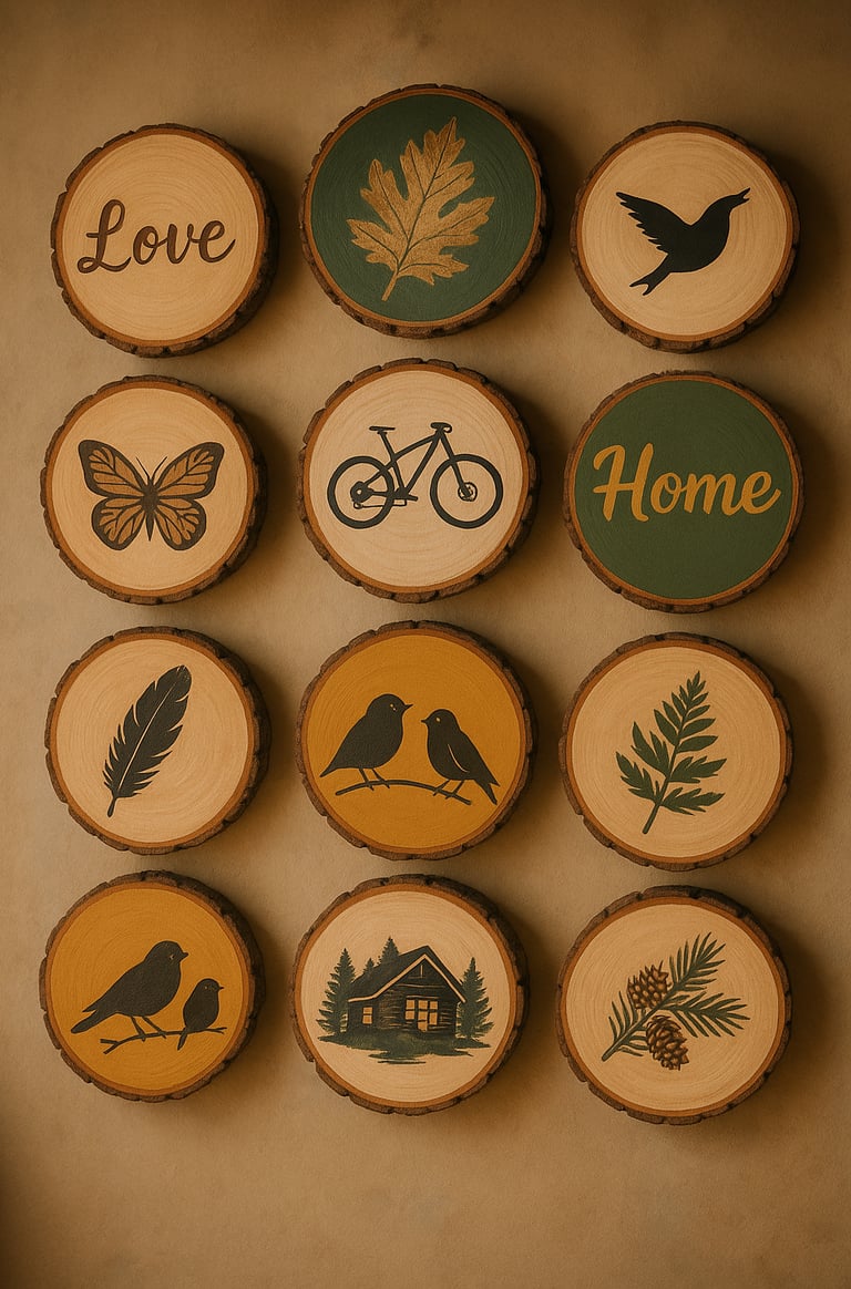 Wood slices with mixed painted, natural, and woodburned designs—birds, leaves, words