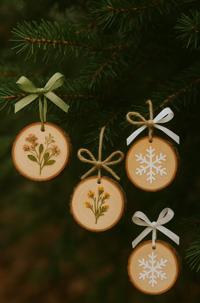 Wood slice ornaments with dried flowers and snowflake designs hanging from ribbons on a tree