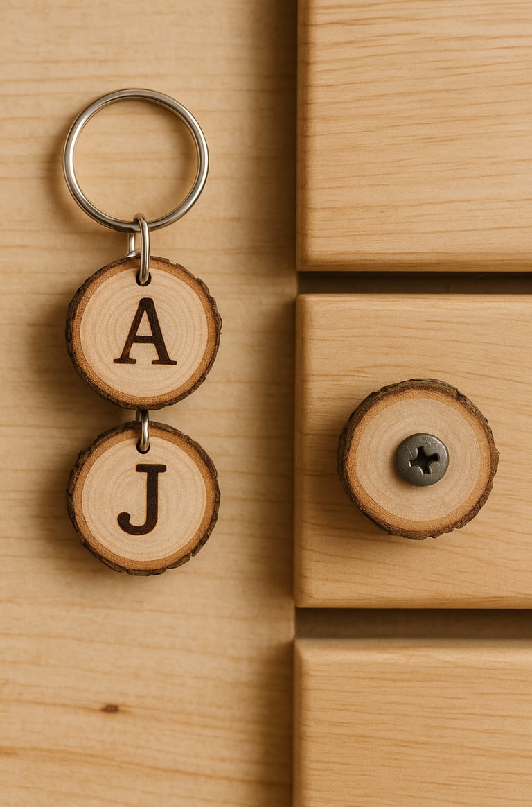 Tiny wood slice keychain with initials “A” and “J” beside a drawer pull made from a wood slice