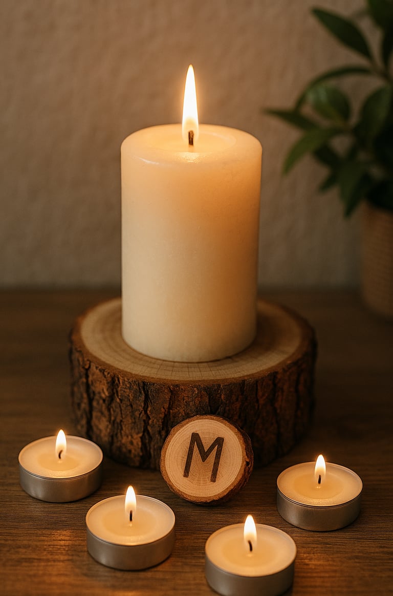 Lit pillar candle on a thick wood slice base with tealight candles glowing around it.