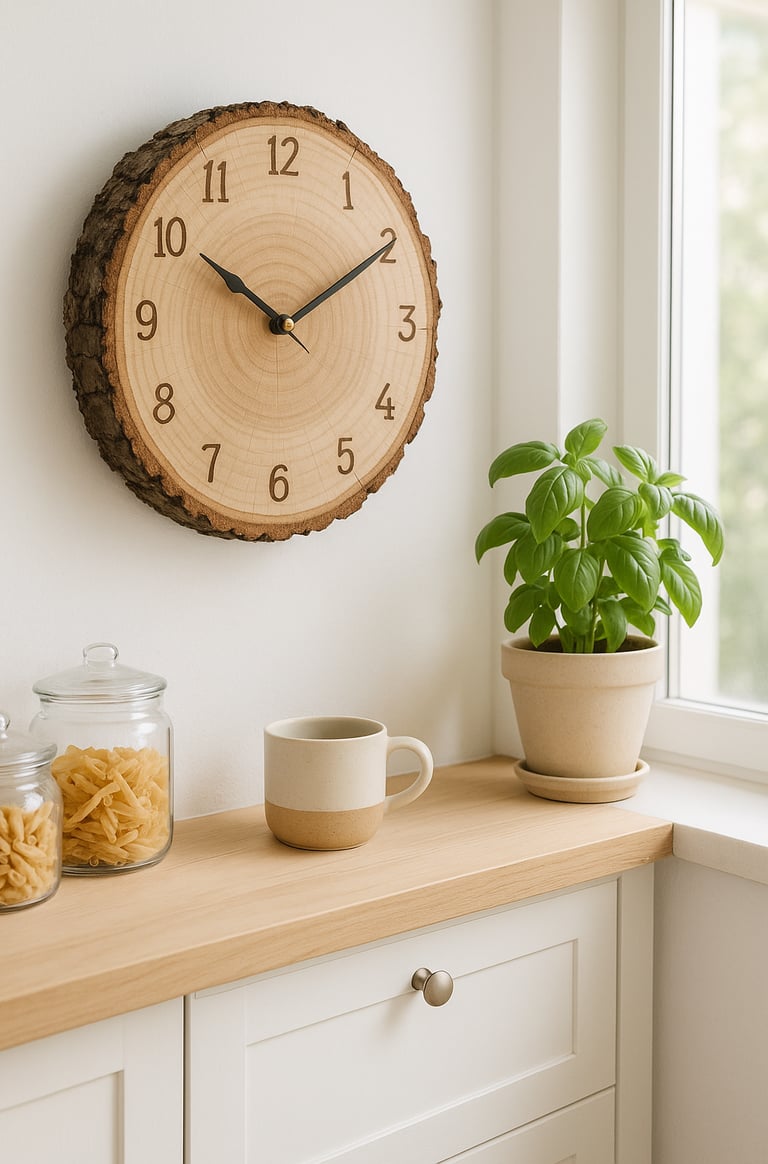 Rustic wood slice wall clock with woodburned numbers hanging in a bright kitchen nook