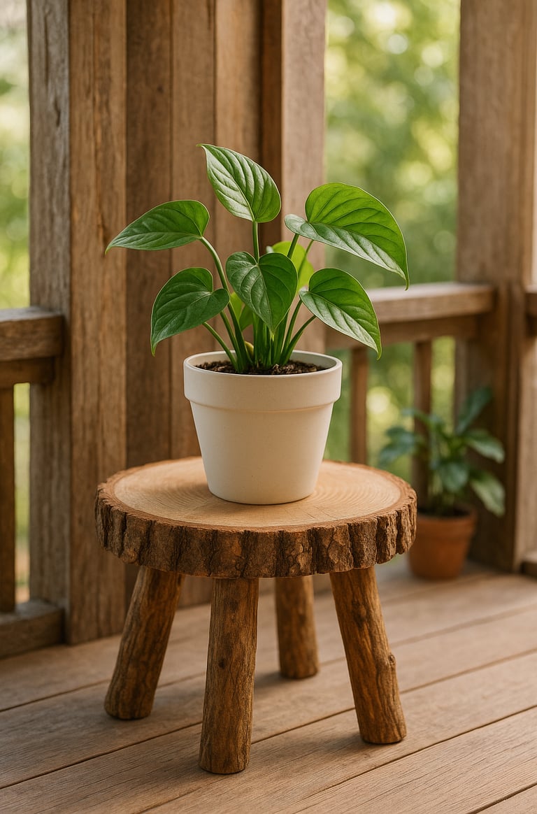 Leafy green houseplant in a pot placed on a thick wood slice table with rough-hewn legs
