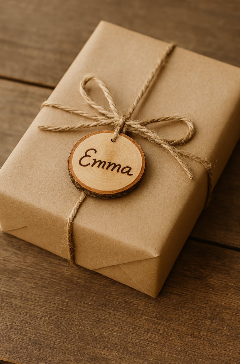 Gift wrapped in kraft paper with twine bow and a small wood slice tag reading “Emma.
