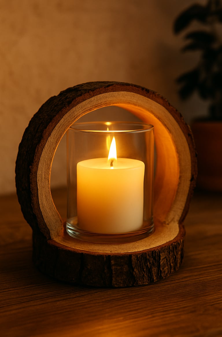 Glass candle holder with a lit candle framed inside a hollowed wood slice, glowing with warm golden 